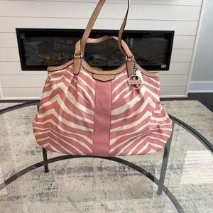 Coach Pink and Cream Zebra-Print Tote with Tan Leather Trim